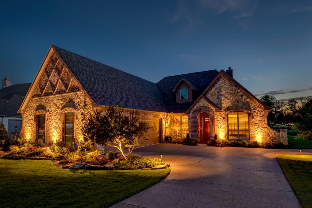 Outdoor lighting on a house in Texas.